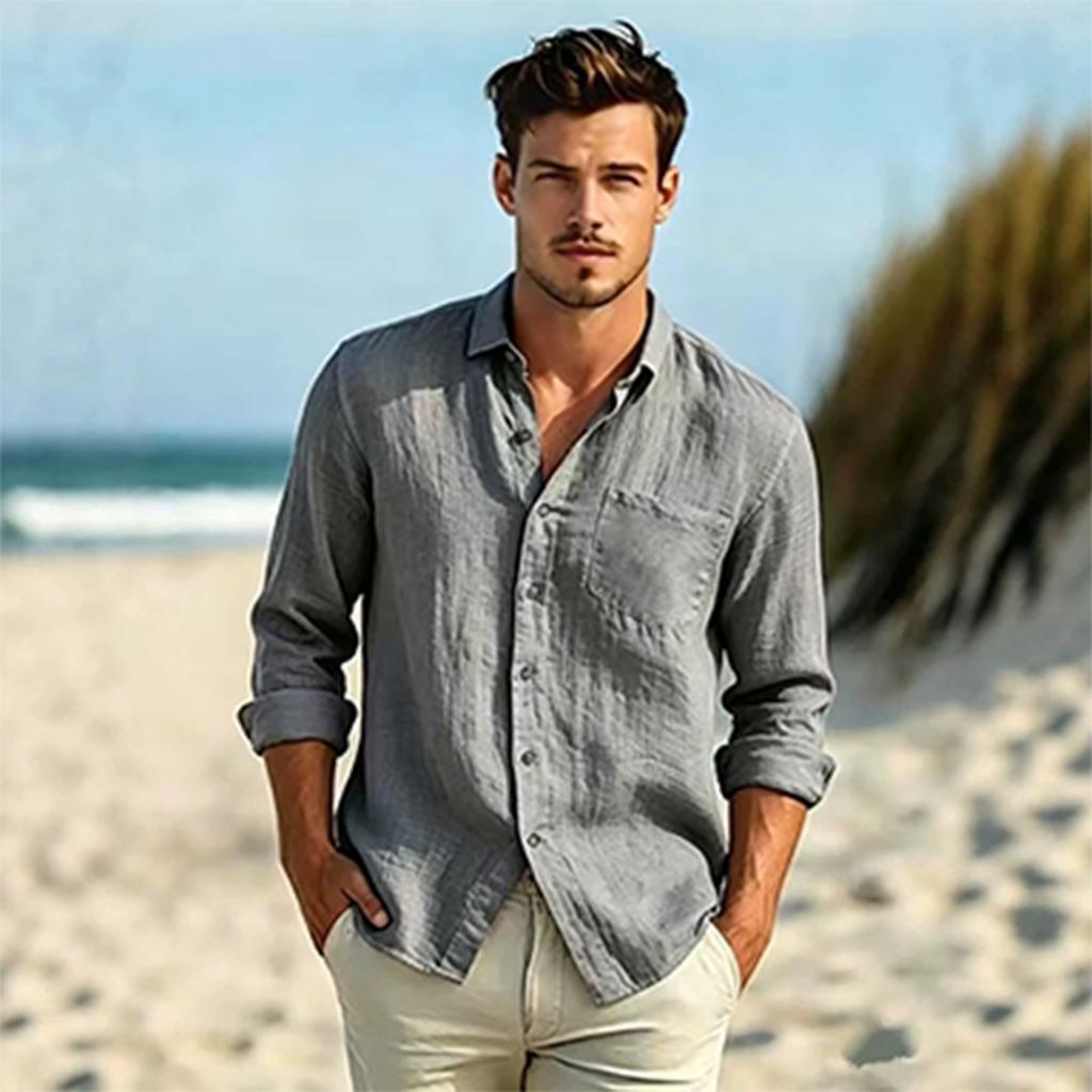 Men's Long Sleeve Button Down Shirt Cotton Linen Casual Front Button Closure Color