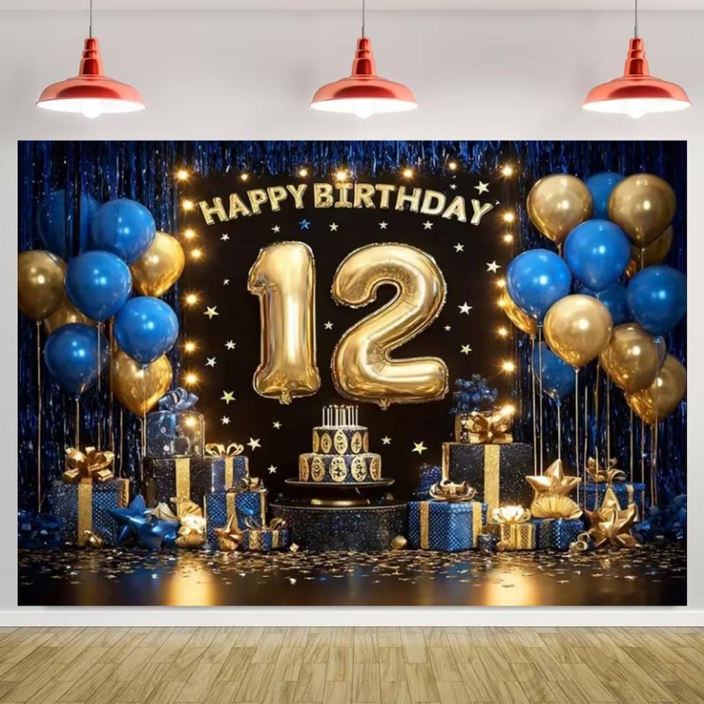 Happy 12th Birthday Banner Black Gold Balloon Background Party Decoration Boys Girls Birthday  Photography Backdrop Kids Gifts