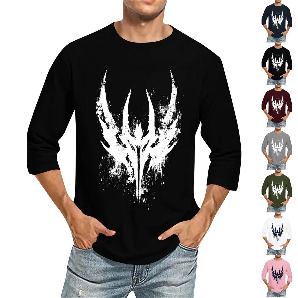 Men's Fashion Casual Seven-Point Sleeve Print Round Neck Top