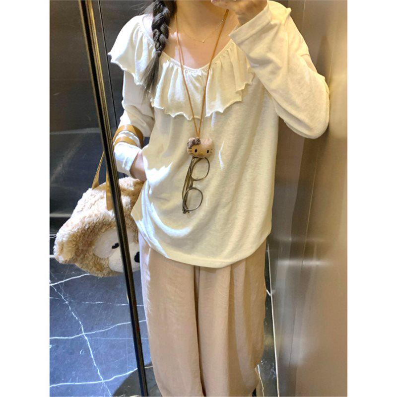 

Осенняя футболка с кружевом, открытыми плечами, V-образным вырезом и длинными рукавами цвета корня лотоса - Сексуальная и стройнящая Medium абрикосовый/белый