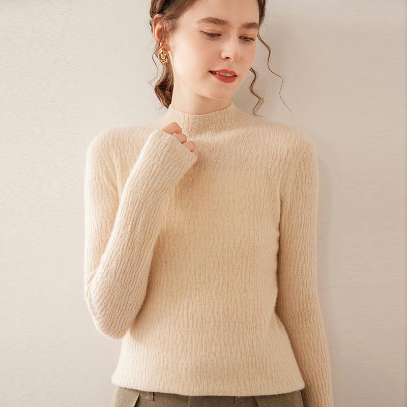 Women's Soft Cashmere Lychee-Pattern Knit Sweater - Half-High Collar, Slim-Fit, Perfect for Autumn and Winter Layers
