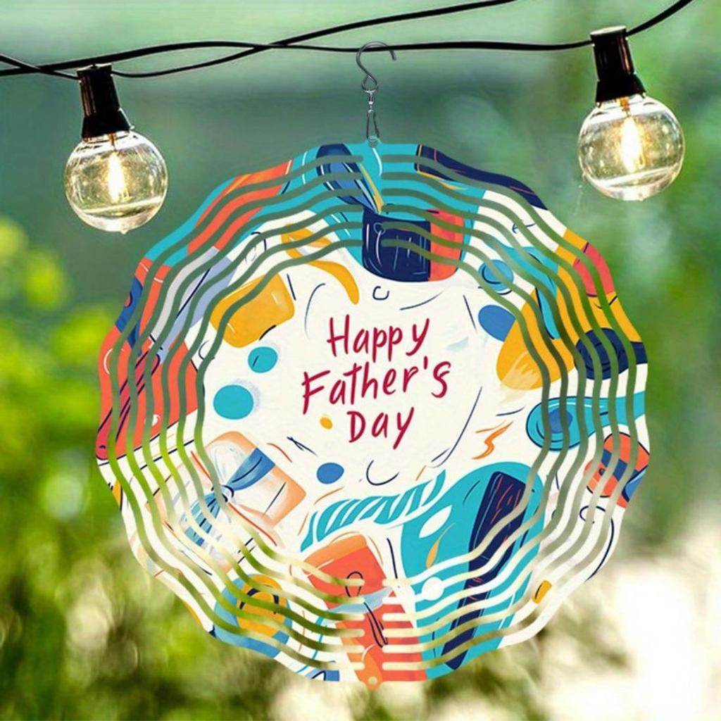 Open - 2D Mandala Wind Chime Happy Father's Day Pattern Metal Windmill, Dynamic Sculpture for Garden and Patio Hanging Decor, Durable Outdoor Artwork