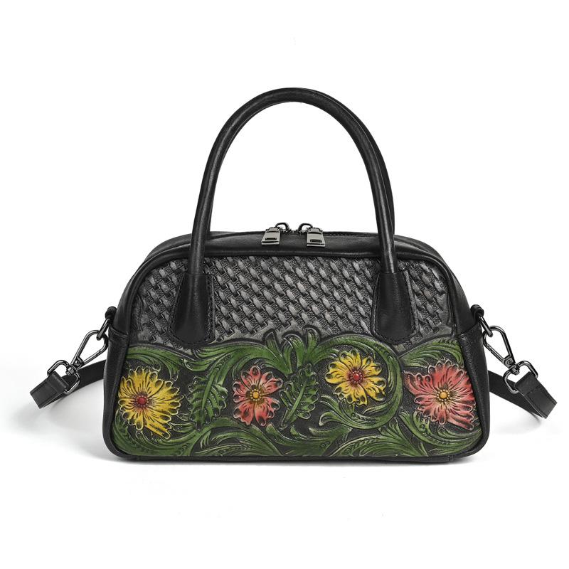 Johnature Ethnic Style Genuine Leather Retro Handbag Handmade Leather Carving Women's Shoulder Crossbody Bags