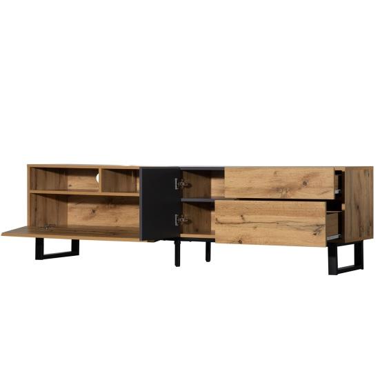 Television Stand Color Blocking TV Cabinet with Drawers Open Shelves Solid Console Wooden Legs Living Room Furniture Table