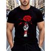 European Sizes Men's Big & Tall Graphic T-Shirt - Gothic Skeleton Hand Holding Red Rose Print Tee - Crew Neck Short Sleeve Shirt - Ideal for Concerts