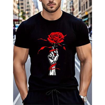 Europäische Größen Herren Big & Tall Grafik-T-Shirt - Gothic Skeletthand hält rote Rose Druck T-Shirt - Rundhals Kurzarmshirt - Ideal für Konzerte