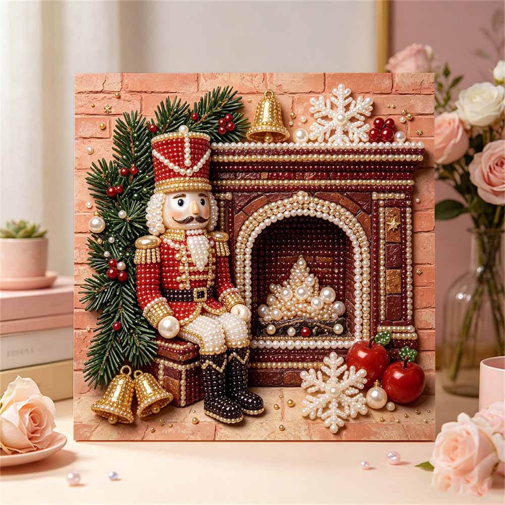 Framed Pearl Art DIY Kit with Christmas Nutcracker by Fireplace Pattern 3D Sparkling Bead Canvas Painting Handmade Gift for Home Decoration
