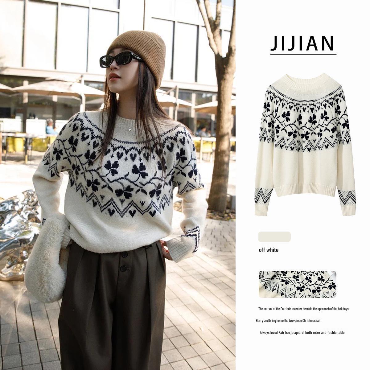 

2024 Winter Wool Blend Fair Isle Heavy Jacquard Retro Crew Neck Pullover Small