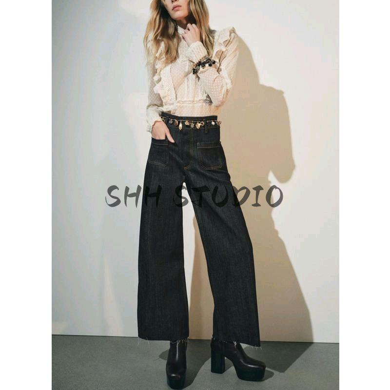 Spring New Women's Clothing Nautica Style Versatile Pocket Decoration High Waist Wide Leg Long Denim 8307049