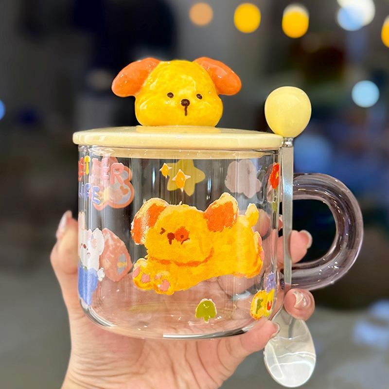 Cute Cartoon Animal High Borosilicate Glass Cup with Lid High Appearance Level Qixi Festival Couple Water Cup Mug Heat Resistant