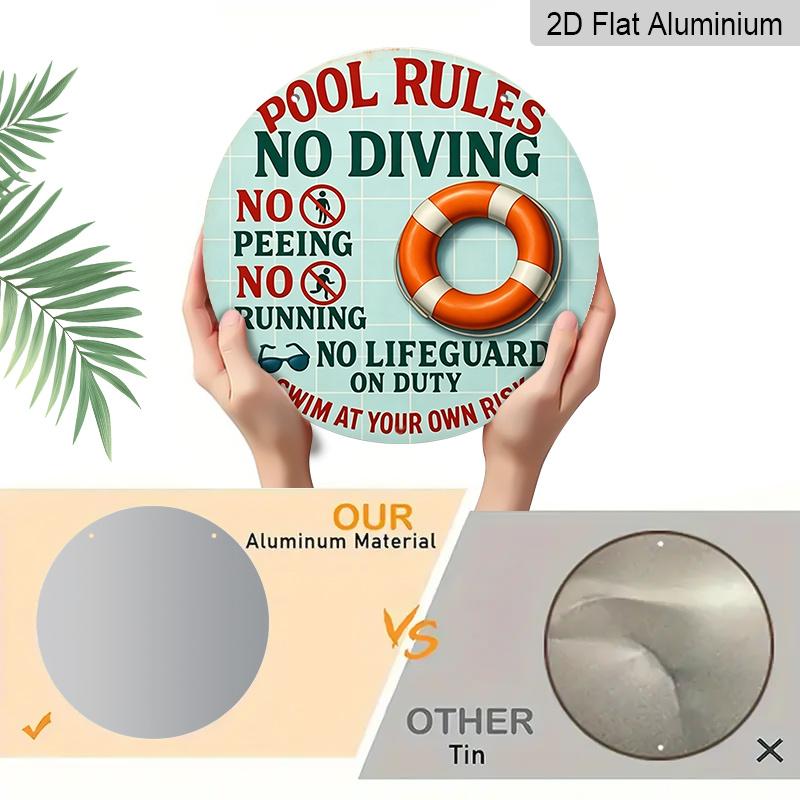 2D Flach, 1 Stück Rundes Aluminium-Hängeschild, Lustiger „Poolregeln Kein Rettungsschwimmer im Dienst“-Aufdruck, Langlebige Outdoor-Wanddekoration, Perfekt für Poolbereich, Hinterhof