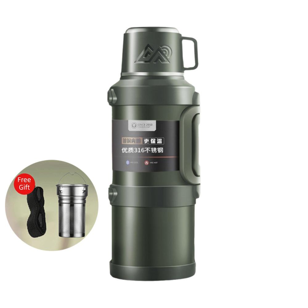 

316 Stainless Steel Travel Thermal Water Bottle Foldable Handle with Tea Filter Camping Vaccum Flask Large Capacity Leak Proof 1300ml зелений