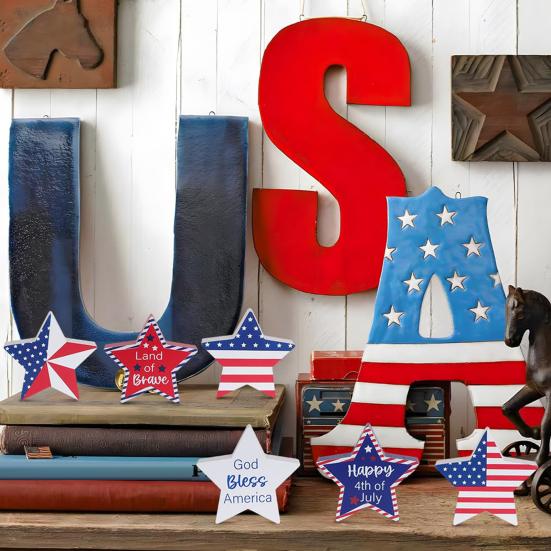 6 Pcs Patriotic Star Block Signs 4th of July Table Centerpieces Independence Day Decorations for Tabletop Shelf Mantel Tiered Tray Home Party