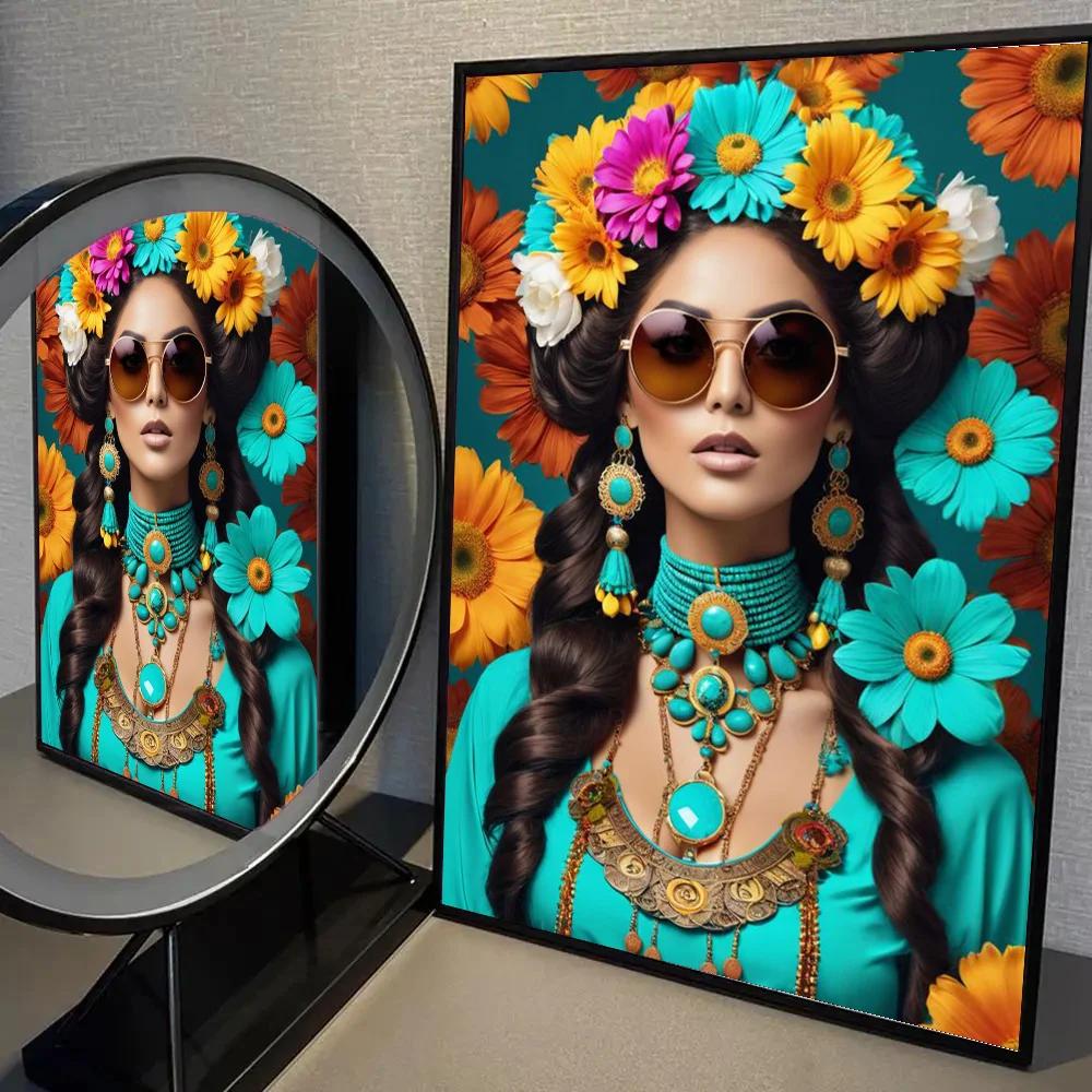 Nordic Bohemian Glasses Woman with Flowers Canvas Poster Bird Woman Portrait Wall Art Prints for Living Room Bedroom Home Decor