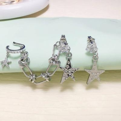 Fashion Sliver Asymmetric Star Chain Integrated Tassels Earring for Women 2023 Trend Crystal Drop Earring Y2K Jewelry