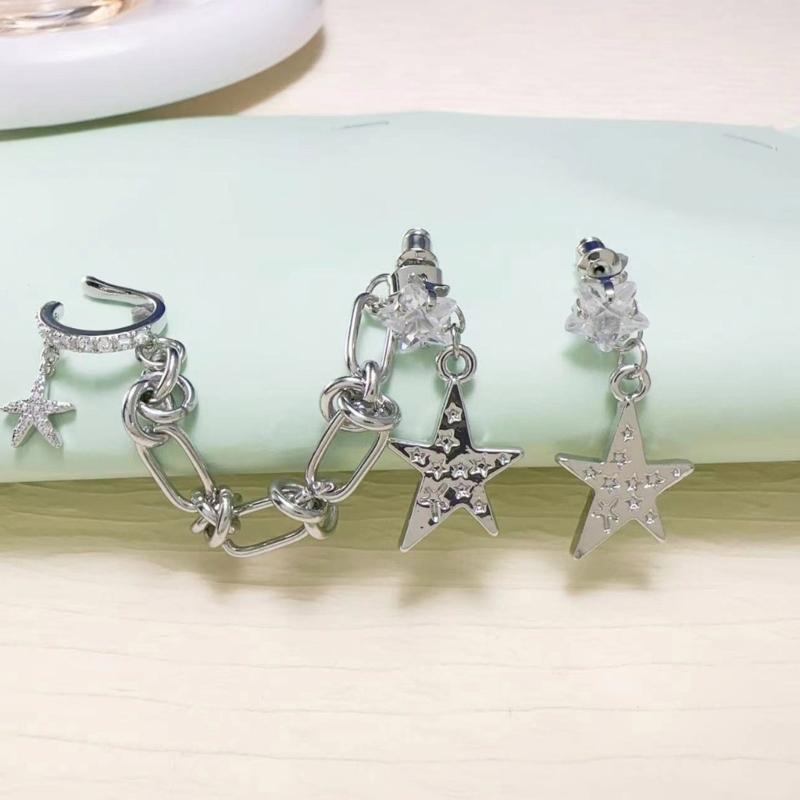 Fashion Sliver Asymmetric Star Chain Integrated Tassels Earring for Women 2023 Trend Crystal Drop Earring Y2K Jewelry