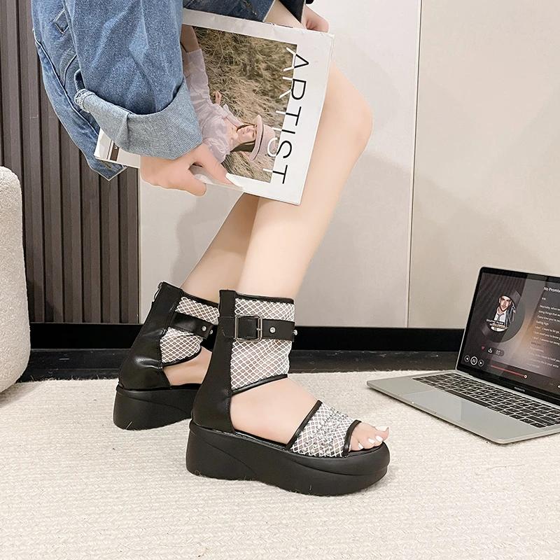 Women's Sandals Mesh Upper Platform Sole Zipper Rhinestones Womens Shoes Dress Heel Wrap Personality Roman Sandalias De Mujer