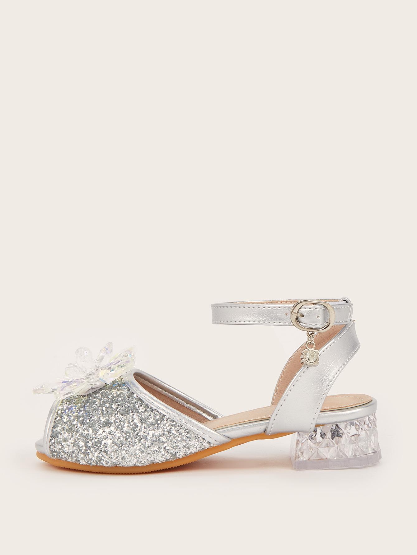 

2025 Девочки Серебристые Сандалии на Высоком Каблуке со Стразами с Бантом и Открытым Носком - Милые и Универсальные Size 34 серебряный