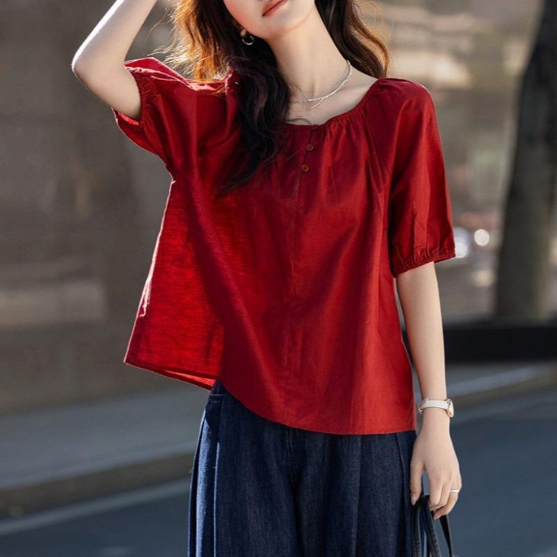 Women Two Wear French Simple Crew Neck Off Shoulder Summer Casual Shirt Blouse S
