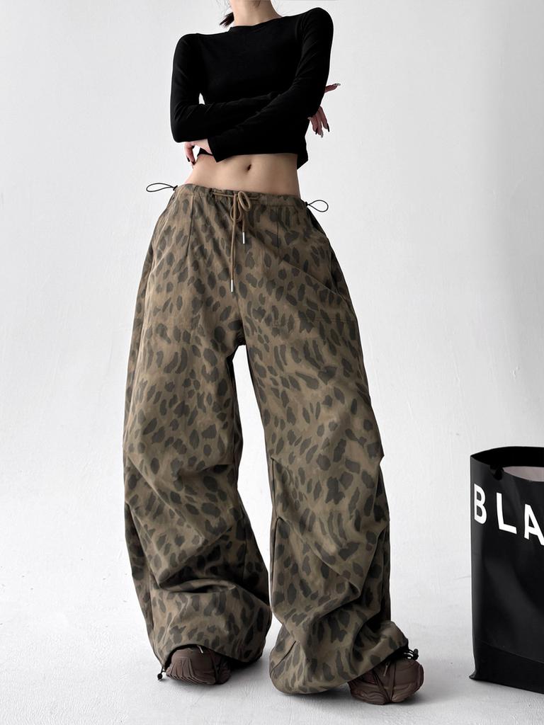 Vintage Leopard Print Casual Pants Women Spring/Autumn New Style Loose Fit Straight Leg Dance Wide Leg Pants