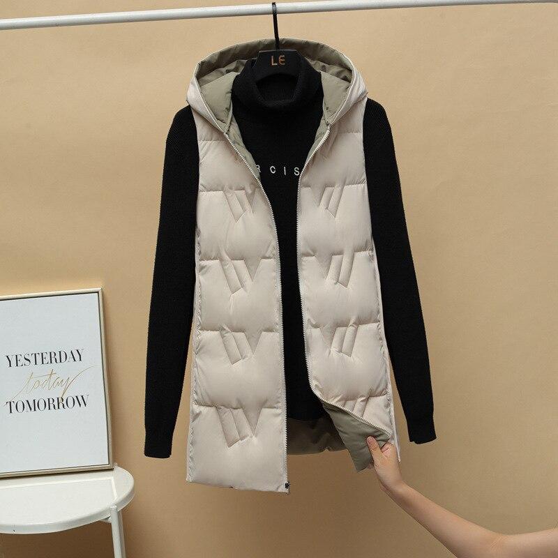 Autumn and Winter Women's Solid Color Loose Vest Hooded Long Reversible Vest Jacket Cotton Padded Women's Windproof Warm Vest