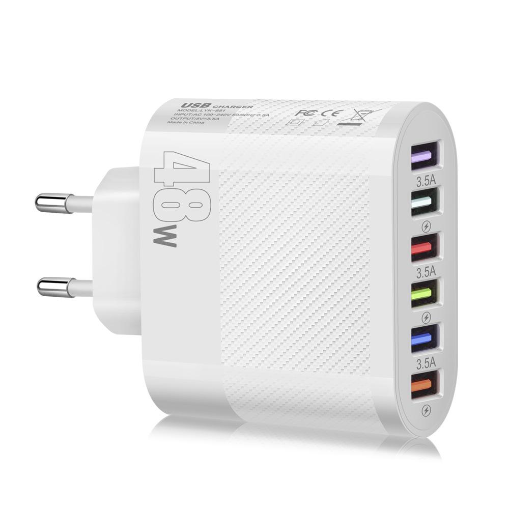 

48W 6-Port USB Charger: 3.5A Mobile & Tablet Travel Adapter, Compatible with US, EU & UK Standards