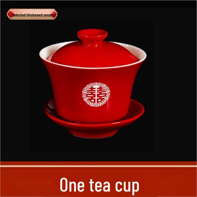Red Wedding Tea Cups Set with Lids, Bowls & Chopsticks for Happy Occasions