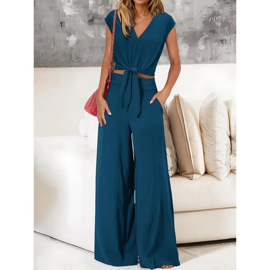 

YYFS Женская мода повседневная летняя весна однотонный принт без рукавов V-образный вырез брюки брюки костюмы S