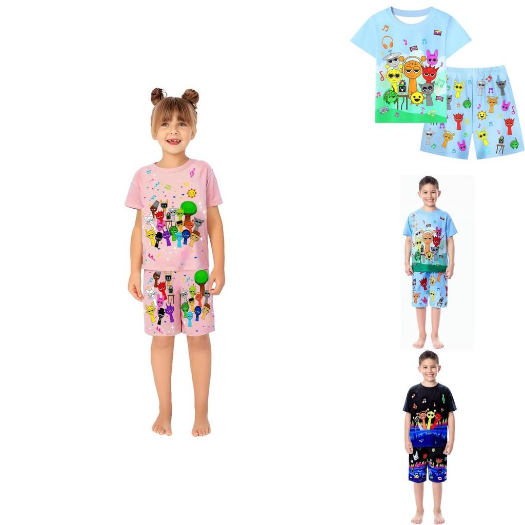 Conjunto de Pijama de Verano con Estampado Sprunki para Niños y Niñas de Algodón Casual Dibujos Animados Traje de Dos Piezas para Estar en Casa para Niños
