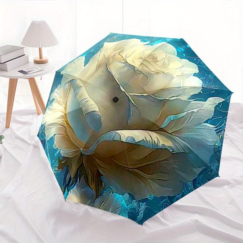 1pc ivory Rose Print Umbrella - Home Essential Portable Folding Umbrella with Durable Iron Frame Suitable for All Seasons Perf