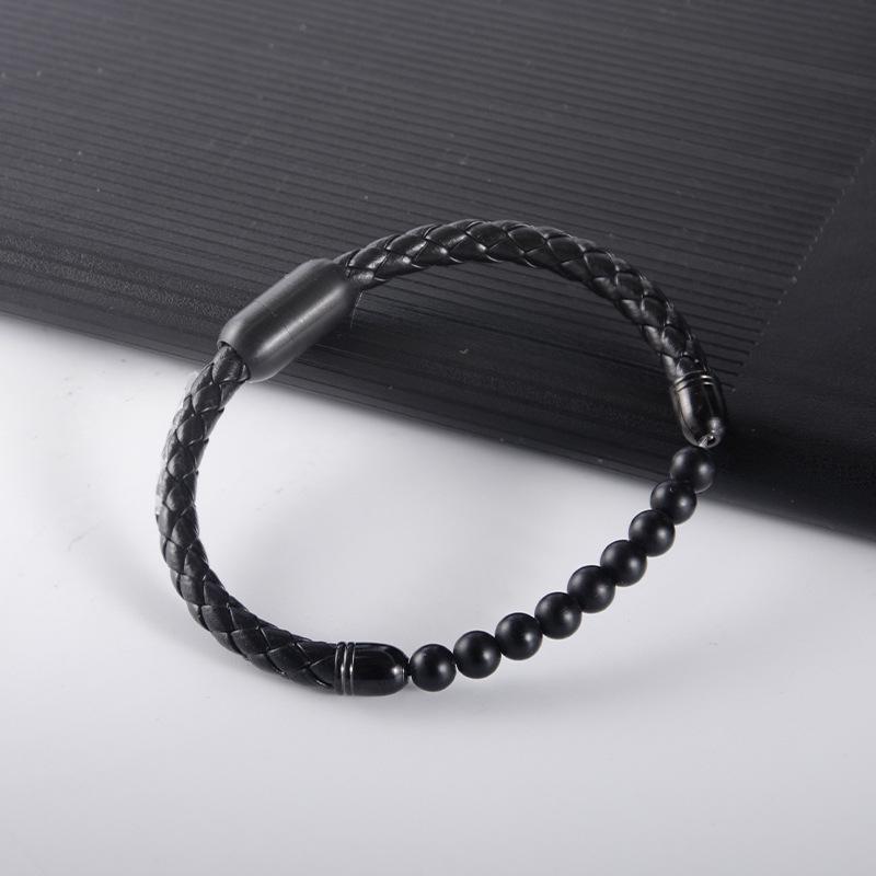 Men's Stainless Steel & Leather Bracelet with Black Frosted Stone & Hand-Woven Design