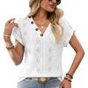 Ladies Summer Short Sleeve Button V Neck Casual Solid Color Lace Hollow Pullover Blouse Shirt Top