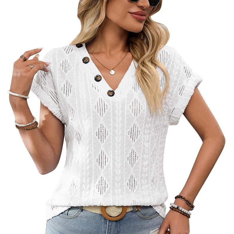 Ladies Summer Short Sleeve Button V Neck Casual Solid Color Lace Hollow Pullover Blouse Shirt Top