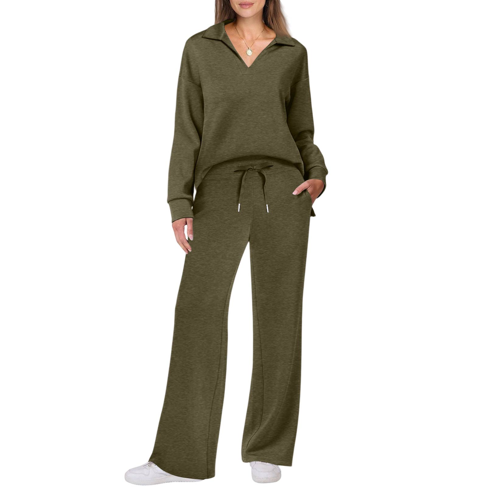 Women s Flared Pants Set with Drawstring Elastic Waist for Fall Outfits L