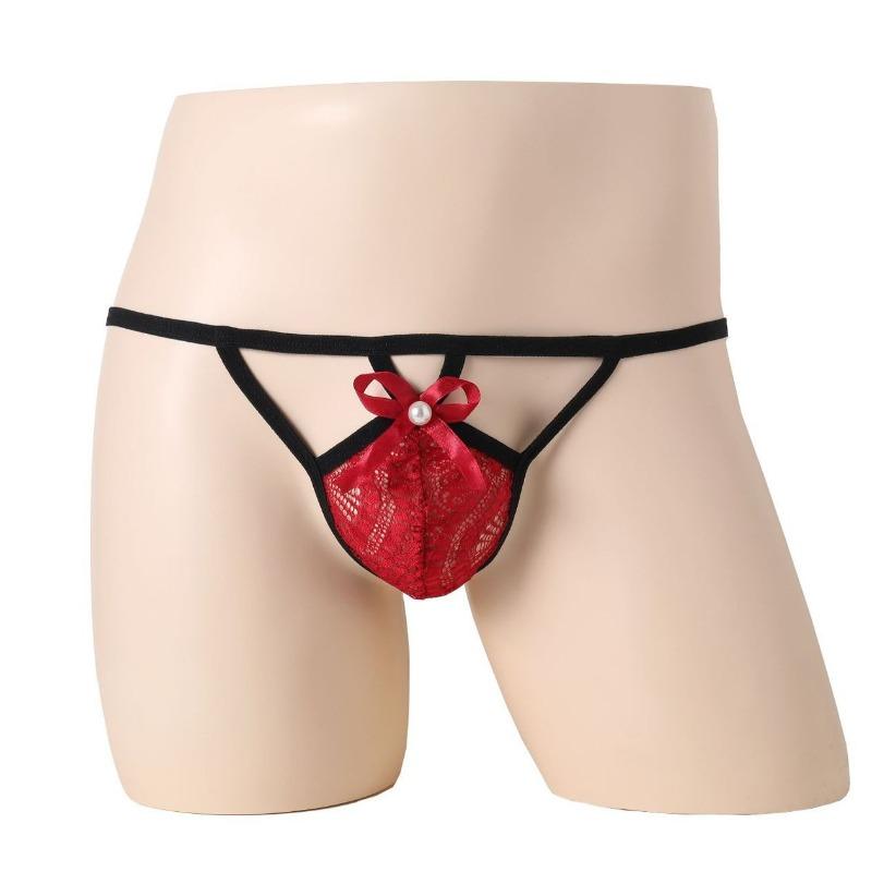 Bow Hollow Front Lace Sissy Pouch Panties Men See Through Lingerie Low Rise T-Back Thong G-String Gay Crossdressing Bikini Brief