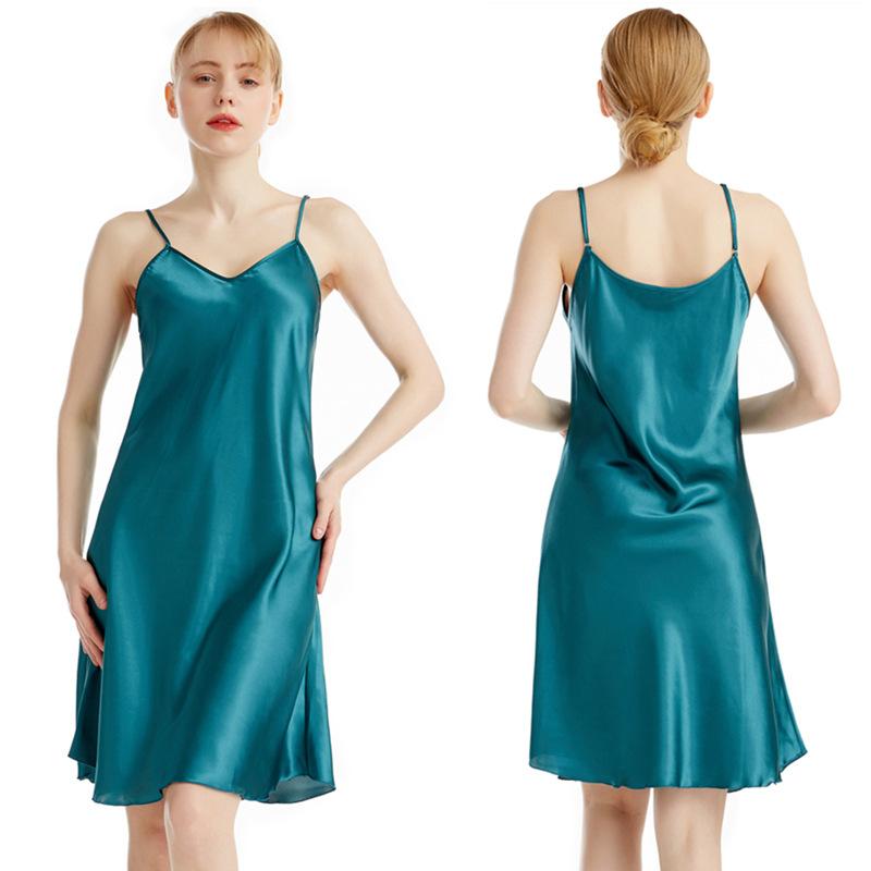 Silketynn skulderstropp V-hals sele Nattkjole, Sommertynn Sexy Slim Fit Ensfarge Knelengde Hjemmepyjamas