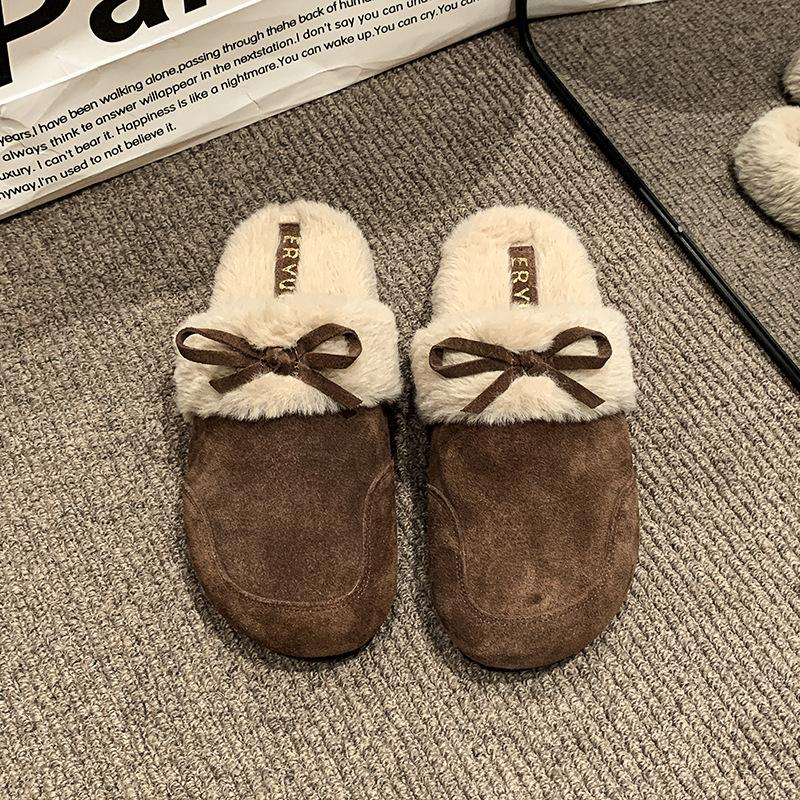 One-pedal bag head fluffy half slippers women's autumn and winter velvet outer wear 2025 new retro thermal cotton slippers