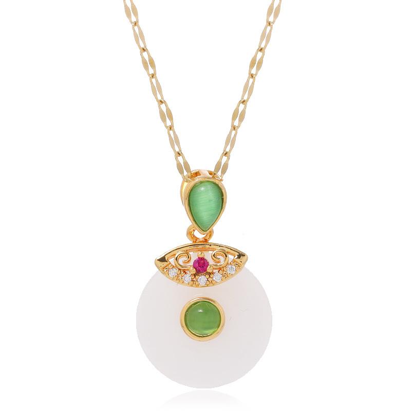 Chinese style imitation Hetian jade safety buckle necklace women's retro temperament titanium steel clavicle chain gold inlaid jade pendant with