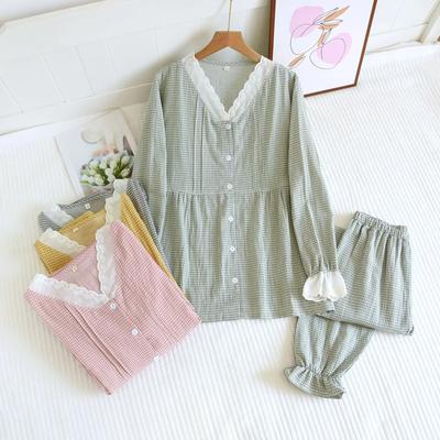 2024 Japon Yeni Kadın Pijama Takımı %100 Pamuk Kenar Yaka Küçük Izgara Uzun Kollu Uzun Pantolon Ev Giyim İki Parçalı Takım