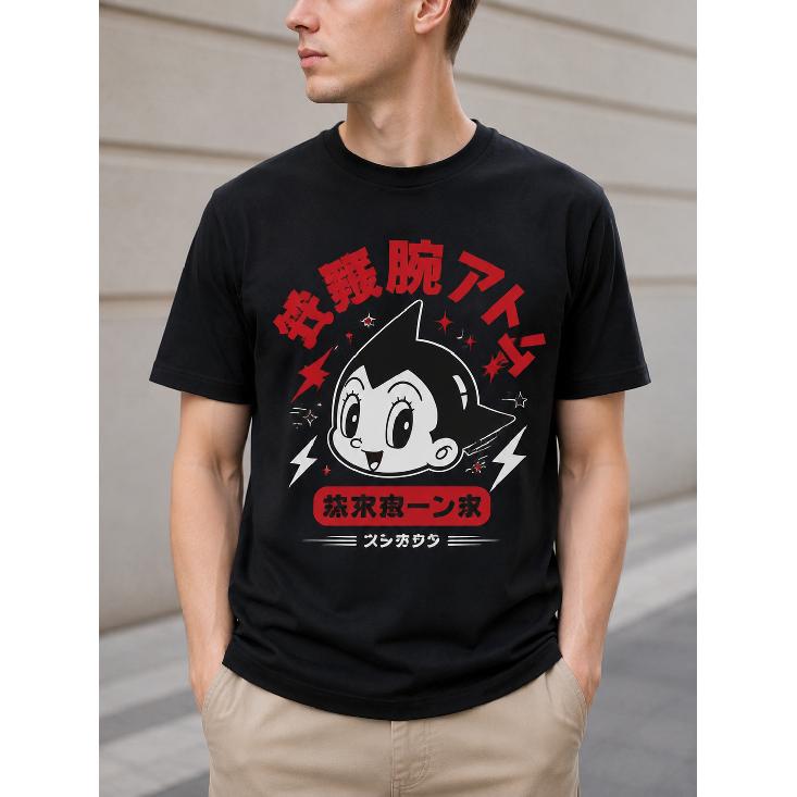 men's black short sleeve t-shirt with retro anime robot graphic, round neck, soft cotton feel, casual streetwear for daily outings and fan gatherings