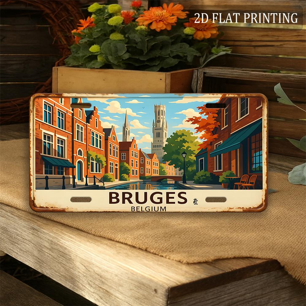 D flat for decorative purposes only vintage metal license plate  Bruges Belgian aluminum license plate canal street view 15x30cm(5.9x7.8inch)