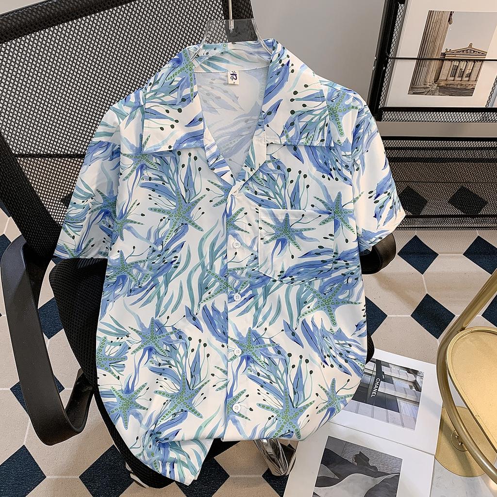 Strapping Rural Plant Floral Print Cuban Collar Short Sleeve Printed Shirt Men's Hawaiian Japanese-Style Retro Hong Kong Style Casual Top