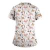 Plus size bonito impresso esfrega uniforme de trabalho topos para mulheres cruz com decote em v manga curta diversão camisetas workwear t com bolsos