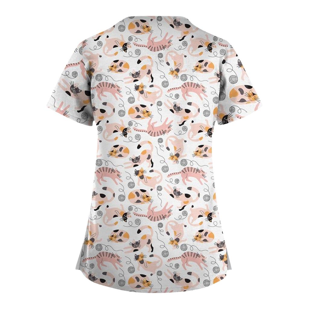Plus size bonito impresso esfrega uniforme de trabalho topos para mulheres cruz com decote em v manga curta diversão camisetas workwear t com bolsos