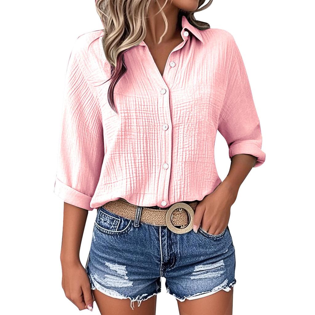 Womens Button Down Shirts 3/4 Sleeve Casual Collared Shirt Loose Blouses Solid Color Tops With Pocket