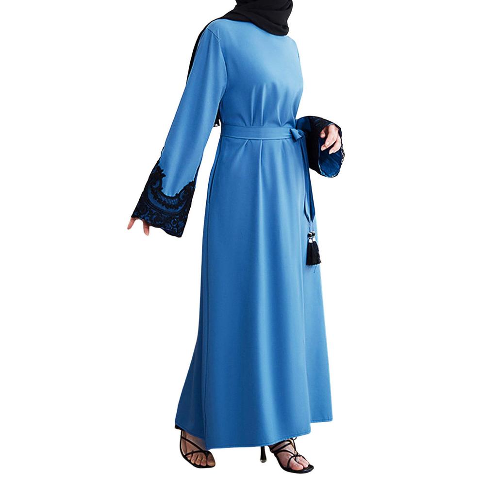 Muslimische Damenkleider mit bestickten Pailletten und Manschetten, lässig, langärmelig, mit Quaste und Bindegürtel in der Taille