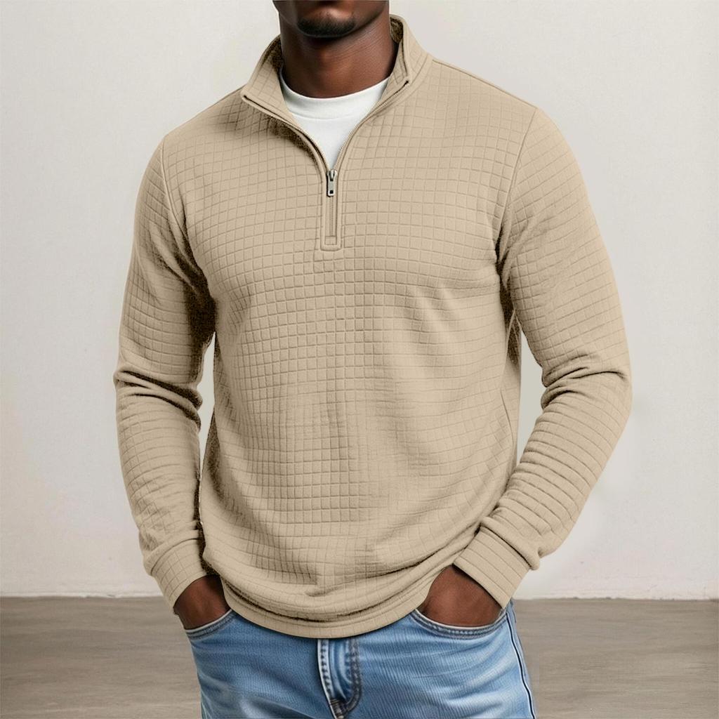Men's Plaid Zip-Up Stand Collar Long Sleeve Sweatshirt Casual Top