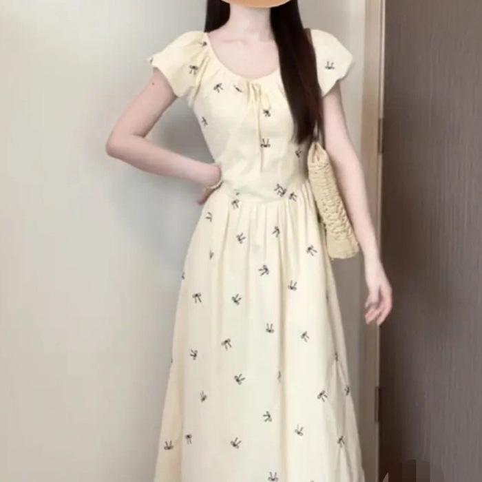 

2025 Summer Floral Slim Dress with Puff Sleeves & Bow XL абрикосовый