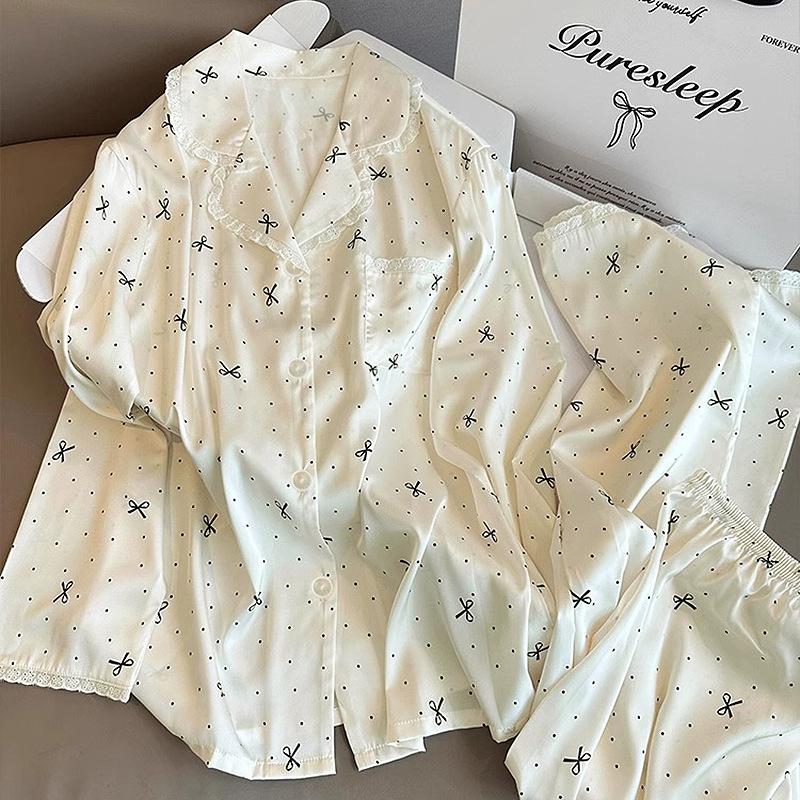 

Сладкий кружевной край Ледяной шелк в горошек Пижама Женская Весна и Осень Длинные рукава Взрывной бант Летний комплект для отдыха 2XL