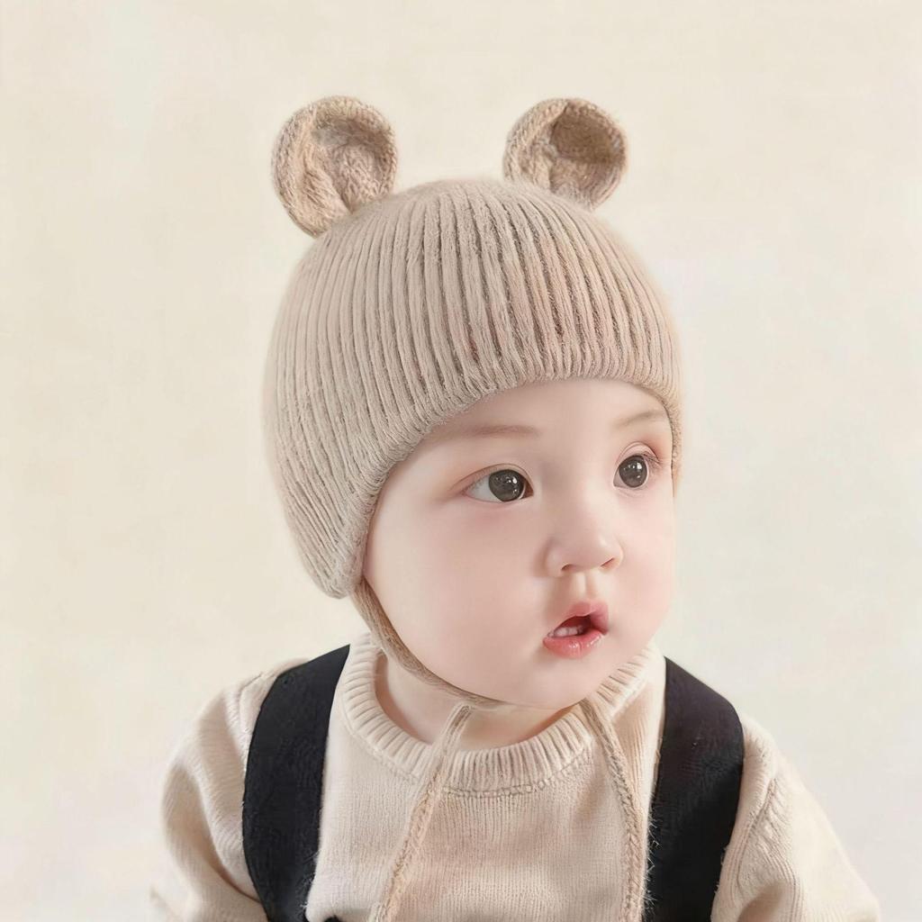 Children's Cute Knit Hat with Round Ears - Autumn/Winter Wool Hat with Drawstring and Ear Protection for Boys and Girls